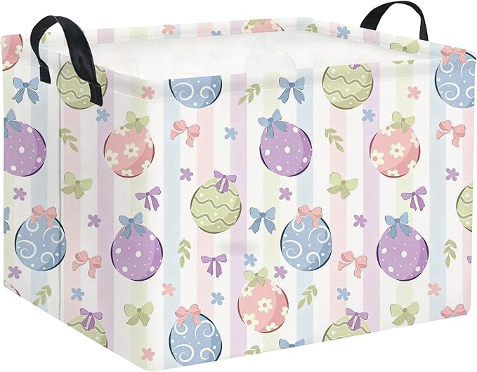 HIYAGON Rectangular Easter Basket Fabric Storage Bin Boxes Collapsible Baby Girl Basket for Clothes Books Shelves Basket(Bowknot Egg)