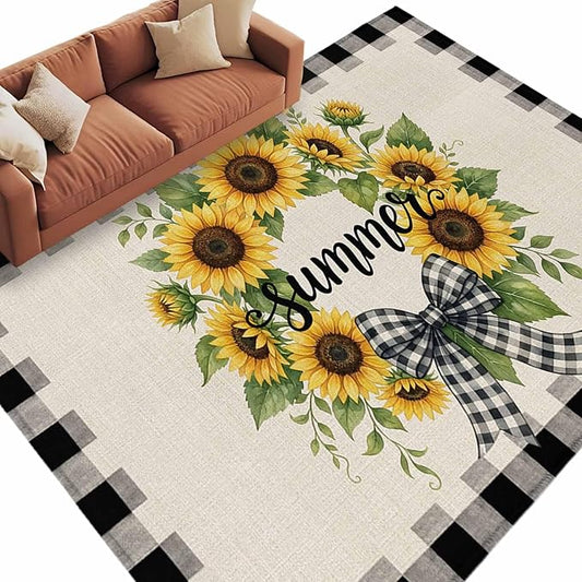 Area Rug 6x9ft, Summer Words Farm Sunflowers Washable Rugs for Living Room Bedroom, Butterflies Country Floral Soft Non-Slip Area Rugs Rectangle Floor Carpet for Dining Room