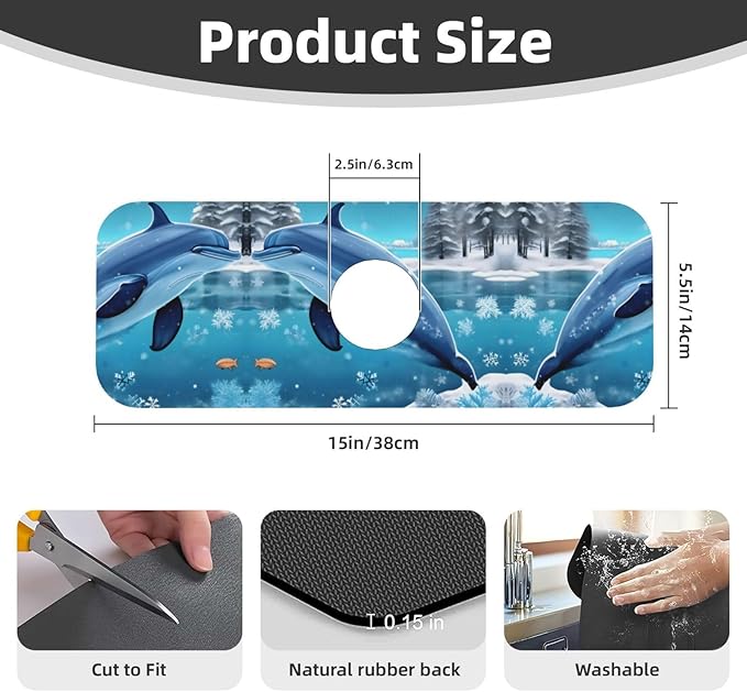 Winter the Dolphin Printed Faucet Absorbent mat, Suitable for bathrooms, Kitchens, and Other Sink Areas.
