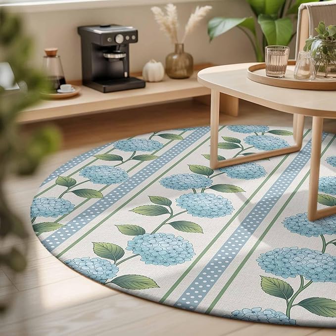 Washable Round Area Rug Spring Blue Flower Hydrangea Leaf Circle Rugs Floor Carpet for Living Room Bedroom, Floral Stripes on Linen Soft Non Slip Round Rug 3ft