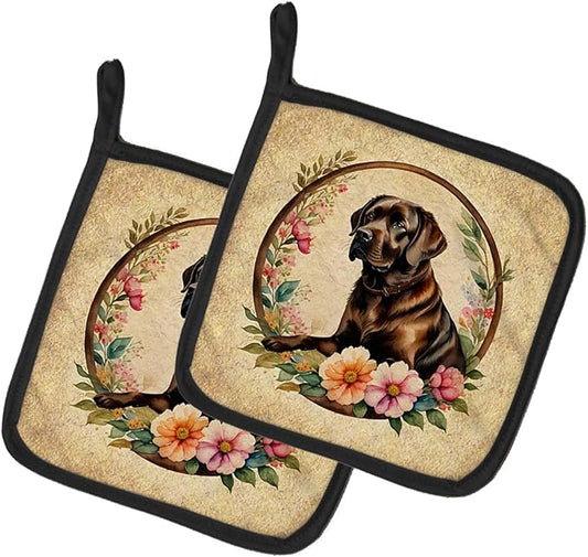 Caroline's Treasures Chocolate Labrador Retriever and Flowers Pair of Pot Holders Kitchen Heat Resistant Pot Holders Sets Oven Hot Pads for Cooking Baking BBQ, 7 1/2 x 7 1/2