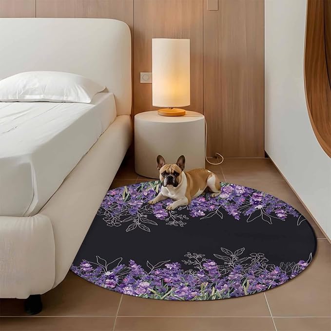 Washable Round Area Rug Spring Purple Lavender Flower Circle Rugs Floor Carpet for Living Room Bedroom, Watercolor Floral on Black Soft Non Slip Round Rug 5ft