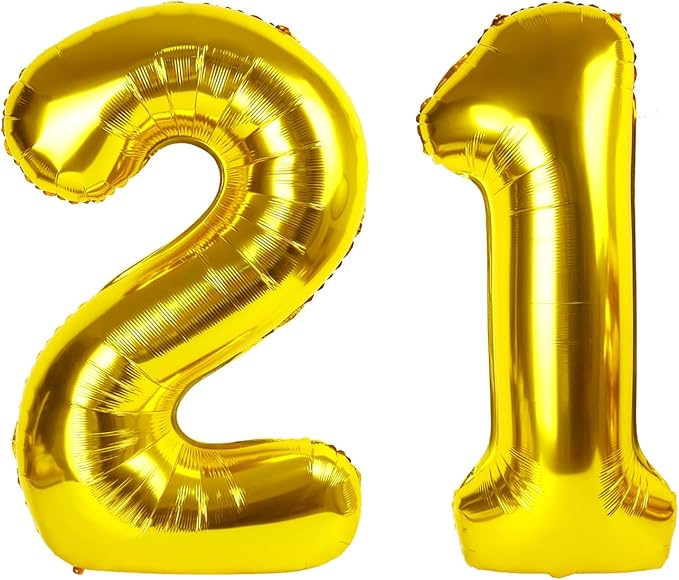 40 Inch 21 Number Balloon, Gold Birthday Decorations for Men Women, Birthday Balloon for 12 21st Party Decor, Anniversaries, Celebration Party, Graduation