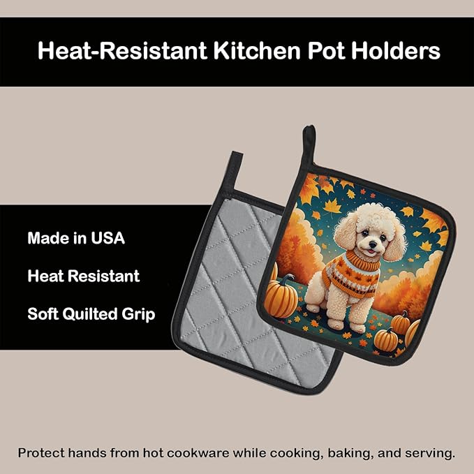 Caroline's Treasures DAC1063PTHD Poodle Fall Pair of Pot Holders Kitchen Heat Resistant Pot Holders Sets Oven Hot Pads for Cooking Baking BBQ, 7 1/2 x 7 1/2