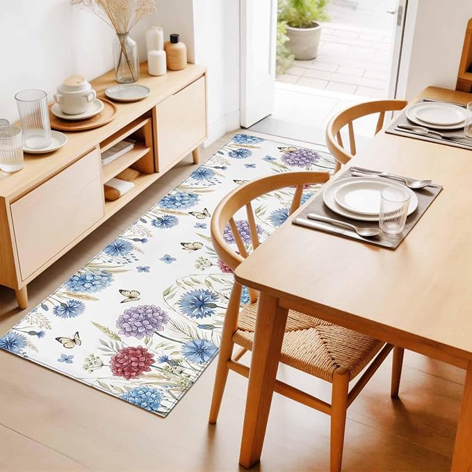 Runner Rug for Bedroom Hallway, Watercolor Hydrangea Flower Kitchen Runner Rugs Area Rug 2x6ft, Garden Floral Butterfly Leaves Washable Soft Floor Carpet for Entryway Stair