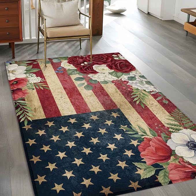 Area Rug 4x6ft, Independence Day 250th Anniversary Washable Rugs for Living Room Bedroom, Vintage USA Flag Floral Soft Non-Slip Area Rugs Rectangle Floor Carpet for Dining Room