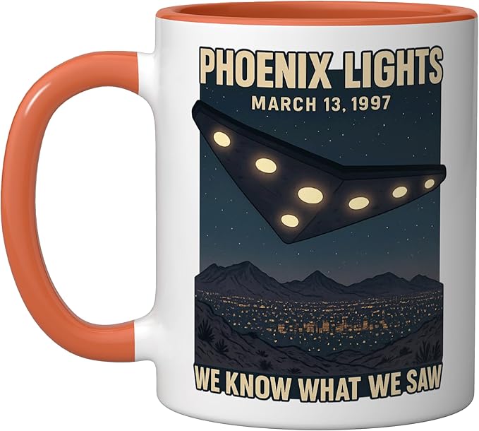 Phoenix Lights UFO V Shaped Flying Saucer Alien Ceramic Mug, Orange/White