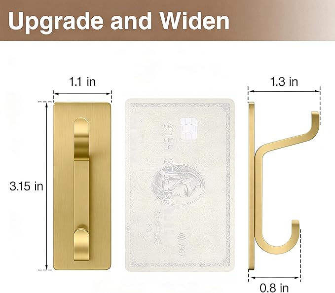 pickpiff Self Adhesive Hooks, Extra Sticky 10LB (Max), Heavy Duty Stainless, Stick On Wall and Door Hooks for Hanging, Bathroom Towel Hooks and Coat Hooks, Robe Hook Wall Mounted, Gold, 4 Pack