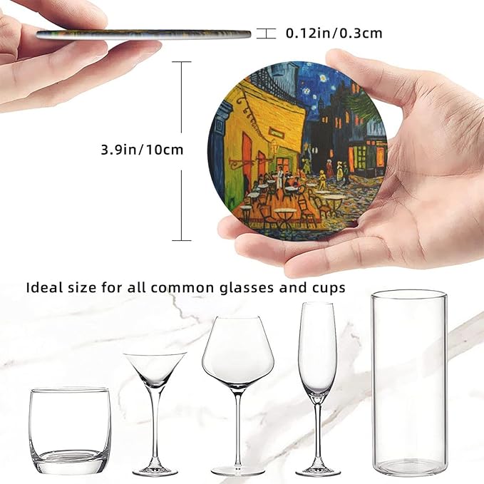 Van Gogh Art Leather Drinks Coasters with Holder, Set of 6, Suitable for Various Cups