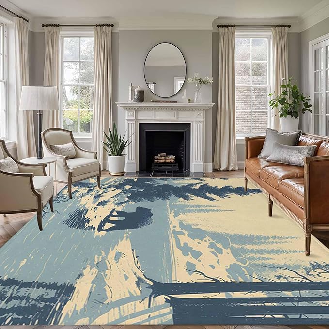 Area Rug 8x10ft, Winter Bear Evergreen Trees Washable Rugs for Living Room Bedroom, Rustic Snow River Soft Non-Slip Area Rugs Rectangle Floor Carpet for Dining Room