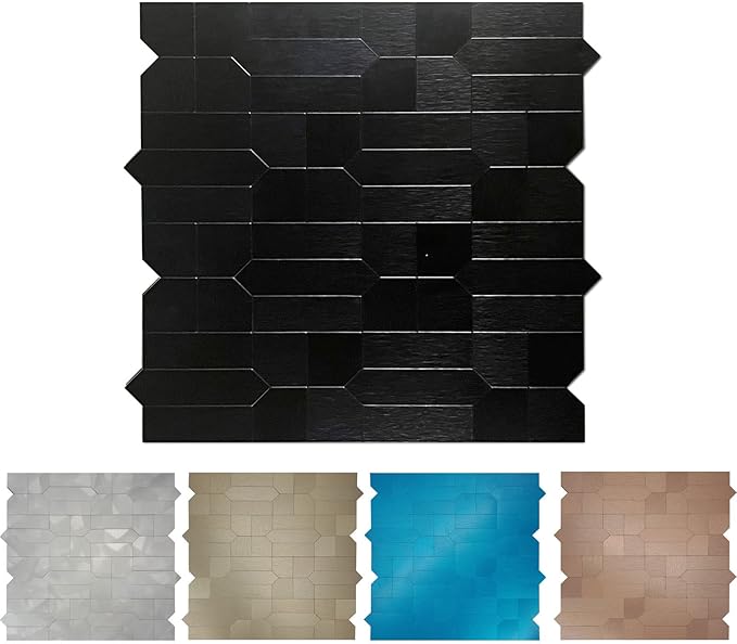 XUANINY 7-Sheet Peel and Stick Metal Backsplash Tiles, Self Adhesive Multiple-Shapes Aluminum Mosaic 3D Wall Sticker for Kitchen Bathroom Decor (7, Brushed Black)