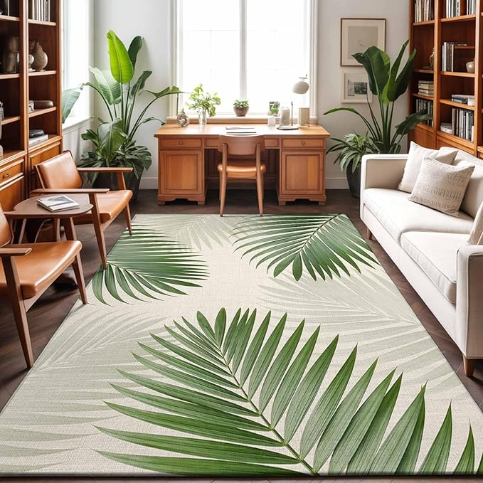 Area Rug 3x5ft, Rustic Sage Green Palm Leaves on Linen Washable Rugs for Living Room Bedroom, Summer Plants Soft Non-Slip Area Rugs Rectangle Floor Carpet for Dining Room