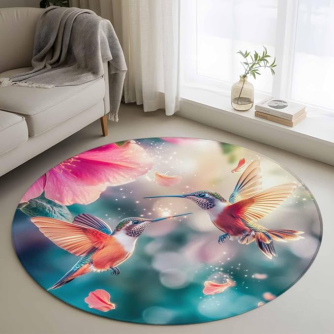 Washable Round Area Rug Spring Hummingbird Pink Petals Flowers Circle Rugs Floor Carpet for Living Room Bedroom, Dreamlike Animal Focus Scenery Soft Non Slip Round Rug 4ft