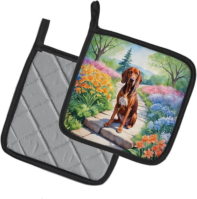 Caroline's Treasures Redbone Coonhound Spring Path Pair of Pot Holders Kitchen Heat Resistant Pot Holders Sets Oven Hot Pads for Cooking Baking BBQ, 7 1/2 x 7 1/2