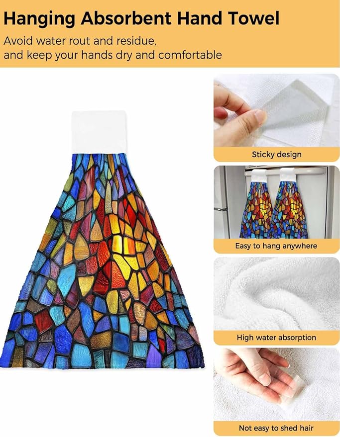 Alandar Home Kitchen Tie Towel Set of 2, Stained Glass Colorful Gradient Absorbent Soft Hand Towels for Bathroom Hanging Towels, Abstract Geometric Fast Drying Cleaning Cloth with Loop
