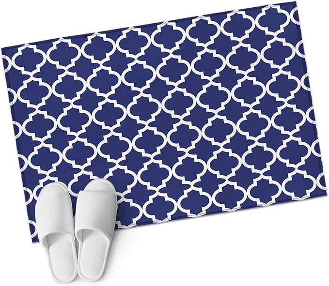 Area Rug 2x3ft, Navy Blue Moroccan Plaid Washable Rugs for Living Room Bedroom, White Line Buffalo Lattice Soft Non-Slip Area Rugs Rectangle Floor Carpet for Dining Room