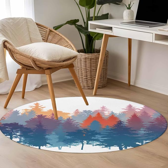 Washable Round Area Rug Abstract Trees Forest Silhouette Circle Rugs Floor Carpet for Living Room Bedroom, Natural Scene Plants Soft Non Slip Round Rug 3ft