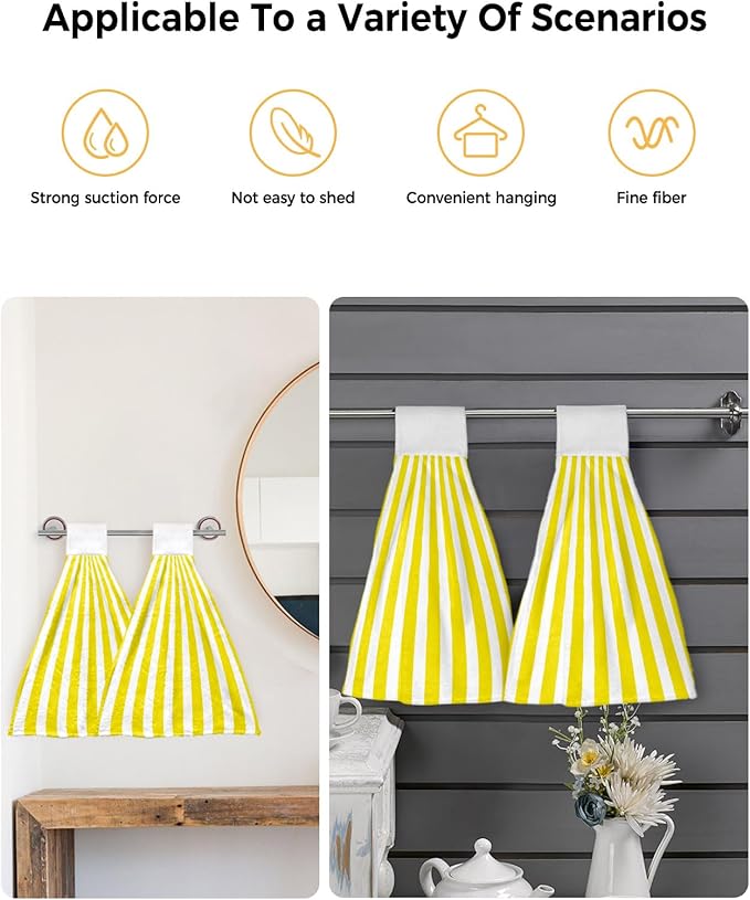 Alandar Home Kitchen Tie Towel Set of 2, Minimalist Modern Yellow White Stripe Absorbent Soft Hand Towels for Bathroom Hanging Towels, Simple Line Texture Fast Drying Cleaning Cloth with Loop