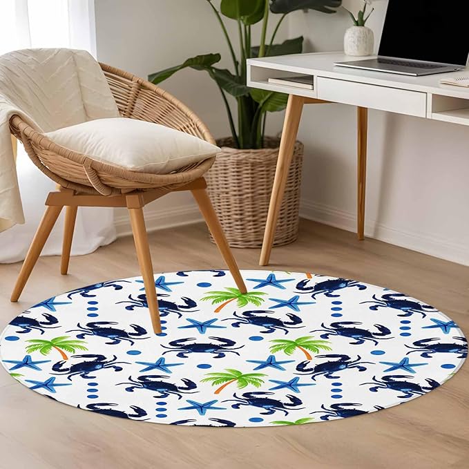 Washable Round Area Rug Abstract Blue Crab Starfish Circle Rugs Floor Carpet for Living Room Bedroom, Watercolor Palm Tree Soft Non Slip Round Rug 4ft