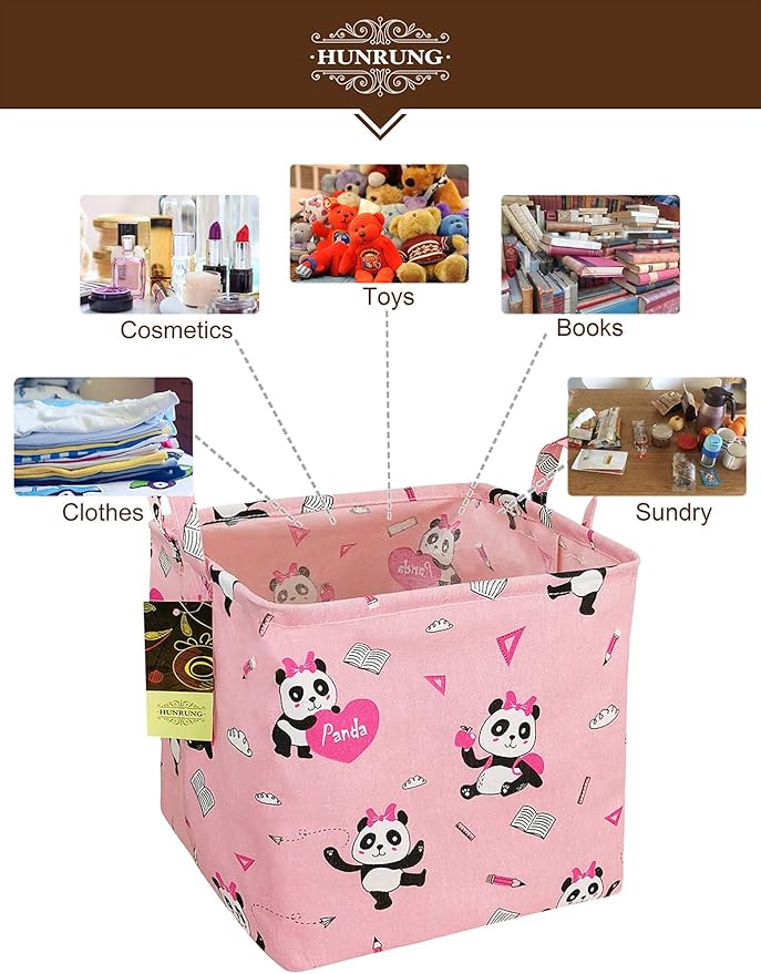 HUNRUNG Square Storage Bins Nursery Hamper Canvas Laundry Basket Foldable with Waterproof Nursery Boxes for Shelves/Gift Baskets/Toy Organizer/Office, Bedroom (Square-Pink-Book Panda)