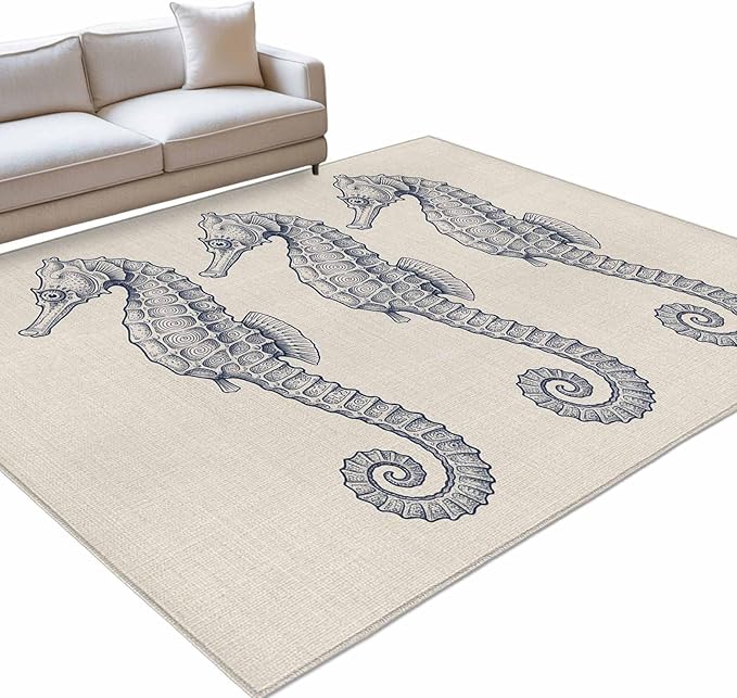 Area Rug 8x10ft, Marine Life Seahorse on Burlap Washable Rugs for Living Room Bedroom, Farmhouse Ocean Theme Soft Non-Slip Area Rugs Rectangle Floor Carpet for Dining Room