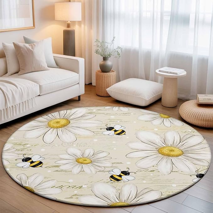 Washable Round Area Rug Retro Watercolor White Floral Bee Circle Rugs Floor Carpet for Living Room Bedroom, Summer Daisy Letter Texture Soft Non Slip Round Rug 3ft