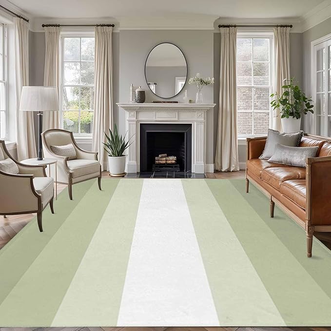 Area Rug 8x10ft, Modern Sage Green Gradient Style Washable Rugs for Living Room Bedroom, Farmhouse Ombre Stripe Soft Non-Slip Area Rugs Rectangle Floor Carpet for Dining Room
