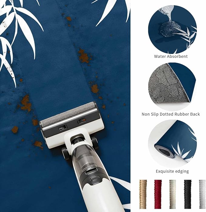 Area Rug 9x12ft, Country Leaf on Dark Blue Washable Rugs for Living Room Bedroom Rectangle Floor Carpet, Botanical Silhouette Minimalist Style Soft Non-Slip Area Rugs for Dining Room