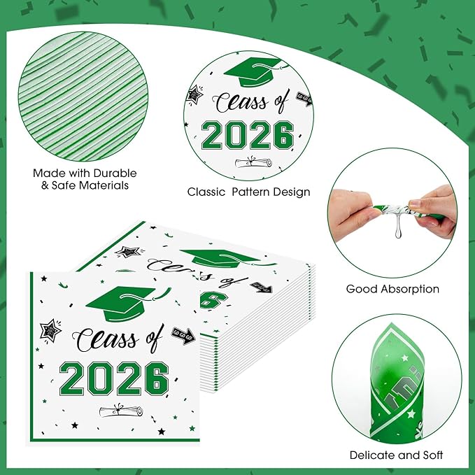 50 Pcs Graduation Napkins Decorations - Green Class of 2026 Congrats GRAD 3-Ply Paper Cocktail Dinner Napkins Set for 2026 Graduation Party Supplies Table Decor Favors, 6.5 x 6.5 Inch
