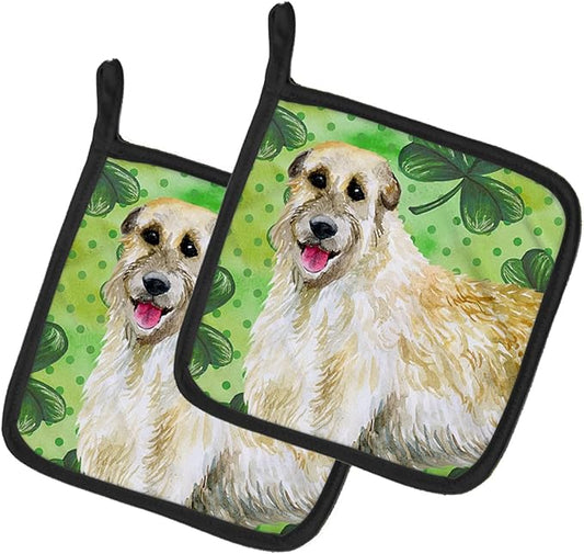 Caroline's Treasures BB9844PTHD Irish Wolfhound St Patrick's Pair of Pot Holders, Green Kitchen Heat Resistant Pot Holders Sets Oven Hot Pads for Cooking Baking BBQ, 7 1/2 x 7 1/2