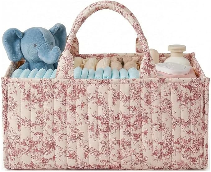 Quilted Fabric Storage Basket Floral Baby Diaper Caddy Quilted Basket Organizer for Newborn Nursery Bedroom Car Storage