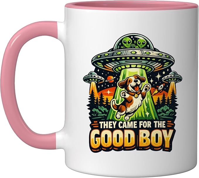 Retro sci-fi dog ufo humor they came for the good boy Ceramic Mug, Pink/White