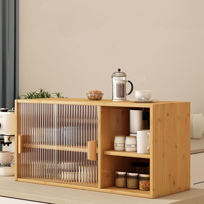 Countertop Kitchen Pantry Cabinet,Bamboo Wall Sideboard with Sliding Glass Doors,Pantry Cabinet for Kitchen, Living Room,Dinning,Bedroom,Log Color,31.5" W