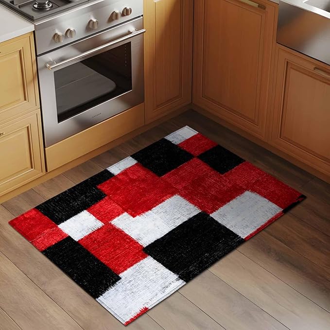 Area Rug 2x3ft, Red Black White Gradient Washable Rugs for Living Room Bedroom, Abstract Color Block Soft Non-Slip Area Rugs Rectangle Floor Carpet for Dining Room