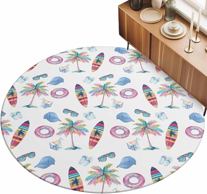 Washable Round Area Rug Summer Surfboard Coconut Tree Circle Rugs Floor Carpet for Living Room Bedroom, Tropical Seamless Pattern Soft Non Slip Round Rug 3ft