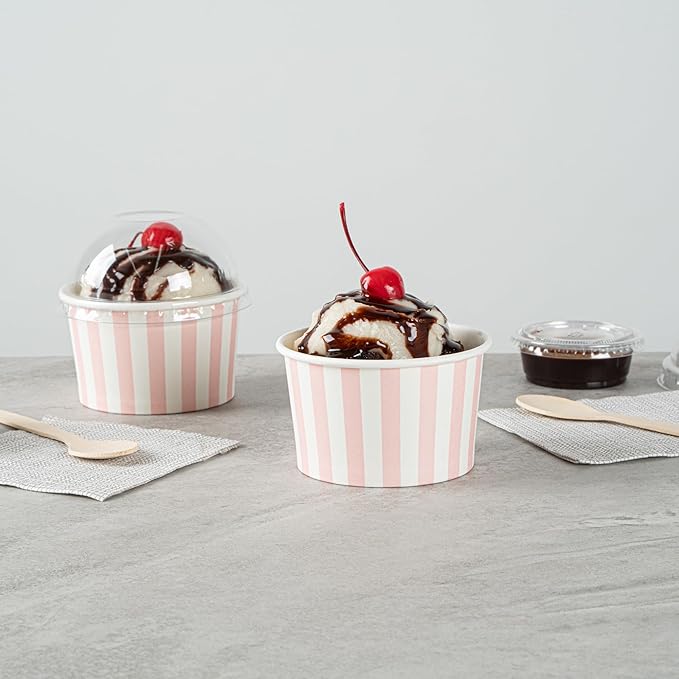 Coppetta 5-Ounce Dessert Cups, 200 Disposable Ice Cream Cups - Lids Sold Separately, Striped, Pink And White Paper FroYo Bowls, For Hot And Cold Foods, Perfect For Gelato Or Mousse - Restaurantware