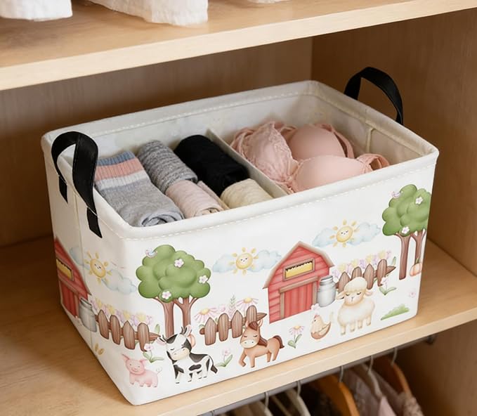 Essme Rectangular Farm Basket,Kids Baskets Empty with Handles,Cute Baskets for Kids Room Decor,Boys and Girls, Gift Basket,(Animal Farm)