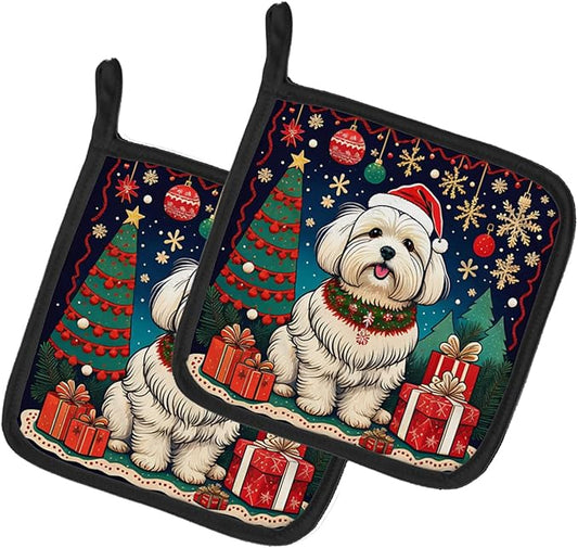 Caroline's Treasures Coton De Tulear Christmas Pair of Pot Holders Kitchen Heat Resistant Pot Holders Sets Oven Hot Pads for Cooking Baking BBQ, 7 1/2 x 7 1/2