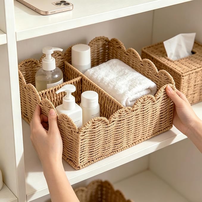 Rattan Divided Scalloped Basket,Wicker Diaper Caddy Scalloped Baske,Woven Natural Basket with 4 Dividers,Suitable for Baby Rooms, Bathrooms, Bedrooms (Paper Rope)