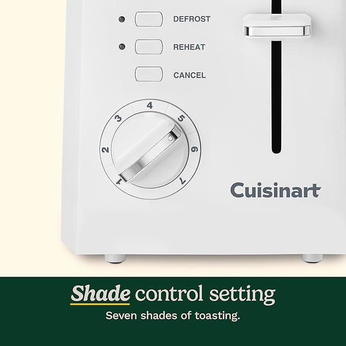 Cuisinart CPT-122 2-Slice Compact Plastic Toaster, Slots for Bagels & Bread, 7 Shade Settings, Cancel/Defrost/Reheat Functions, Removable Crumb Tray, Small Kitchen Appliance for Home & Office, White