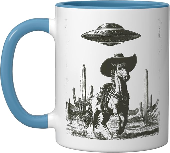 Funny Alien UFO Cowboy Horse Desert Cactus Western Graphic Ceramic Mug, Blue/White