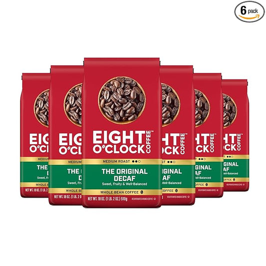 Eight O'Clock Coffee The Original Decaf, Medium Roast Whole Bean Decaffeinated Coffee, 100% Arabica, 18 Ounce (Pack of 6)