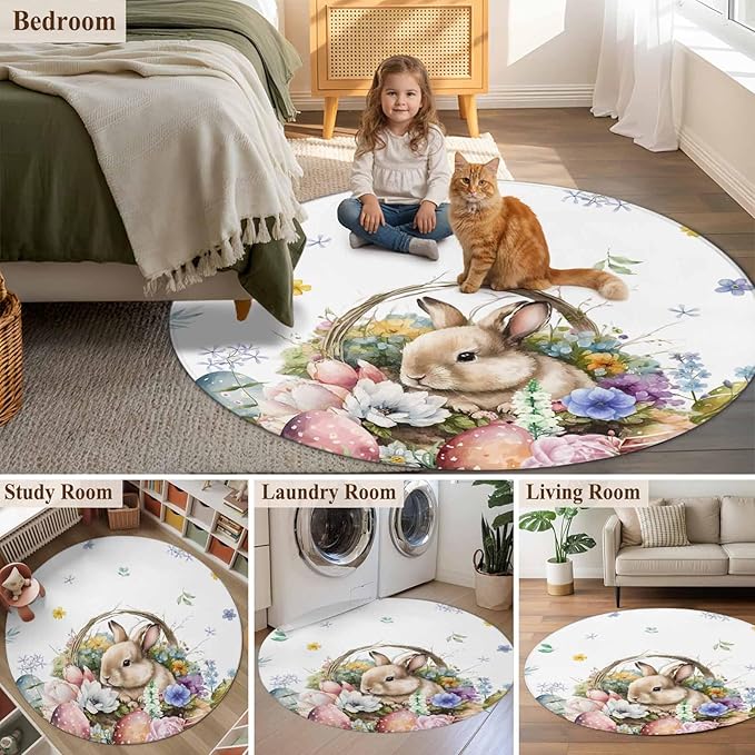Washable Round Area Rug Easter Egg Spring Flower Cute Rabbit Circle Rugs Floor Carpet for Living Room Bedroom, Blossom Floral on White Soft Non Slip Round Rug 4ft
