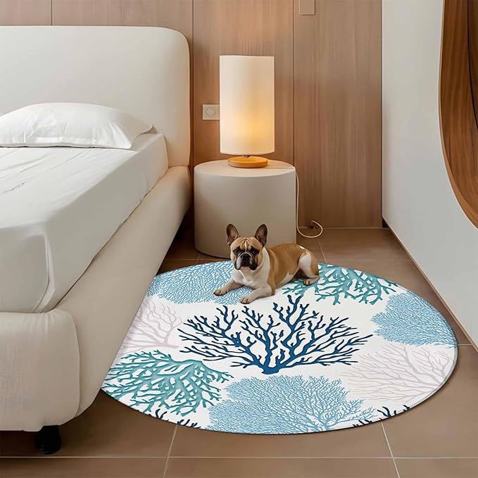 Washable Round Area Rug Classic Sea Blue Coral Circle Rugs Floor Carpet for Living Room Bedroom, Abstract Marine Life Scenery Soft Non Slip Round Rug 5ft
