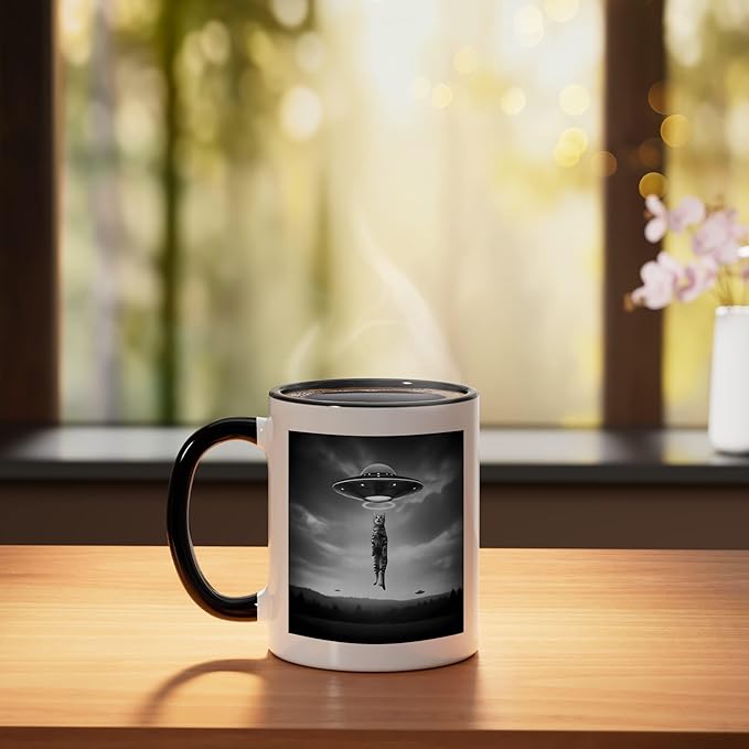 Funny Alien Cat Abduction UFO Sci Fi Humor Ceramic Mug, Black/White