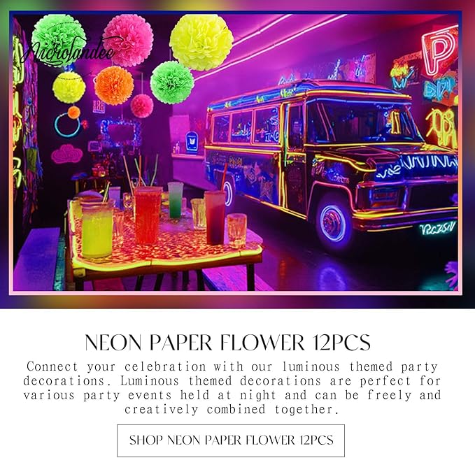 NICROLANDEE Blacklight Party Decorations - 12 PCS Fluorescent Neon Tissue Paper Pom Poms for Birthday, Wedding, Baby Shower, Glow-in-The-Dark, Neon, Prom Dance Party Photography