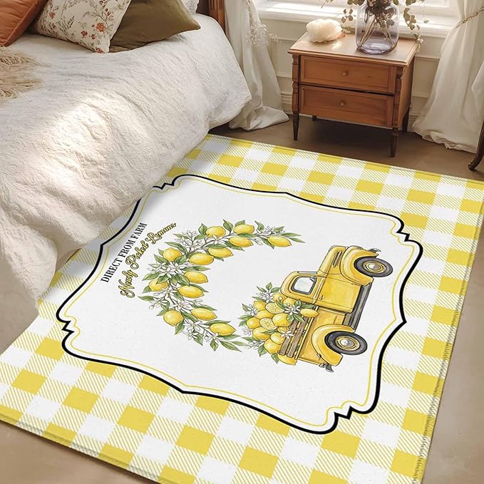 Area Rug 3x5ft, Farm Yellow Truck Lemon Fruit Washable Rugs for Living Room Bedroom, Flower Leaves Buffalo Plaid Soft Non-Slip Area Rugs Rectangle Floor Carpet for Dining Room