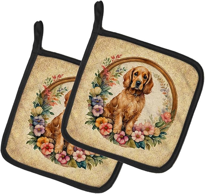 Caroline's Treasures Cocker Spaniel and Flowers Pair of Pot Holders Kitchen Heat Resistant Pot Holders Sets Oven Hot Pads for Cooking Baking BBQ, 7 1/2 x 7 1/2