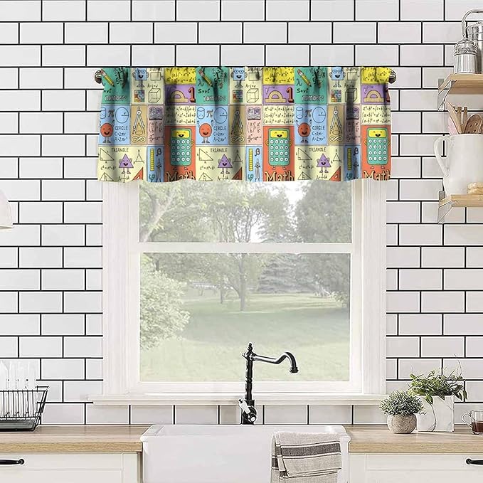 Fun Math Valance, Kids Fun Mathematics Educational Study Learning Small Window Drapes for Kitchen Bedroom School Classroom Decor, 54x18Inch