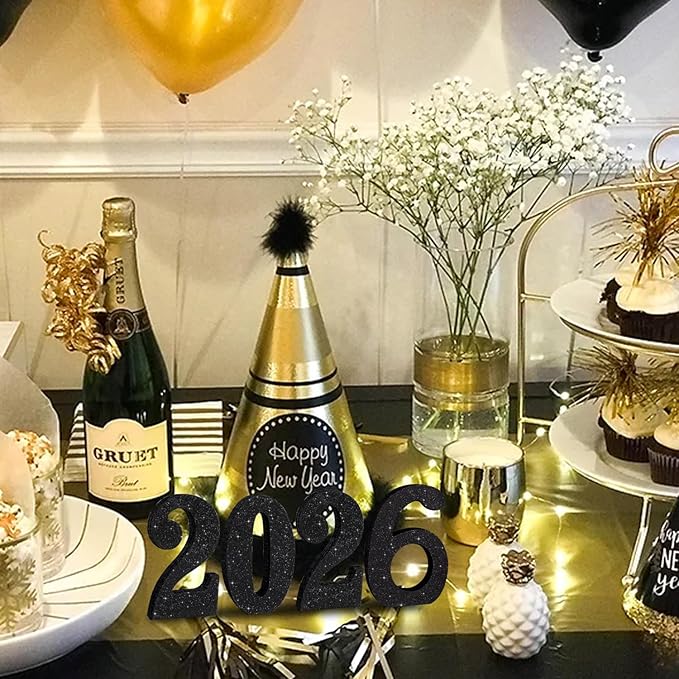 TONIFUL 4 Inch 2026 Black Glitter Table Centerpiece Sign 2026 Number Word Sign,2026 Wooden Numbers Block for New Year Eve,Graduation,Chrismas,Anniversary Party Supplies